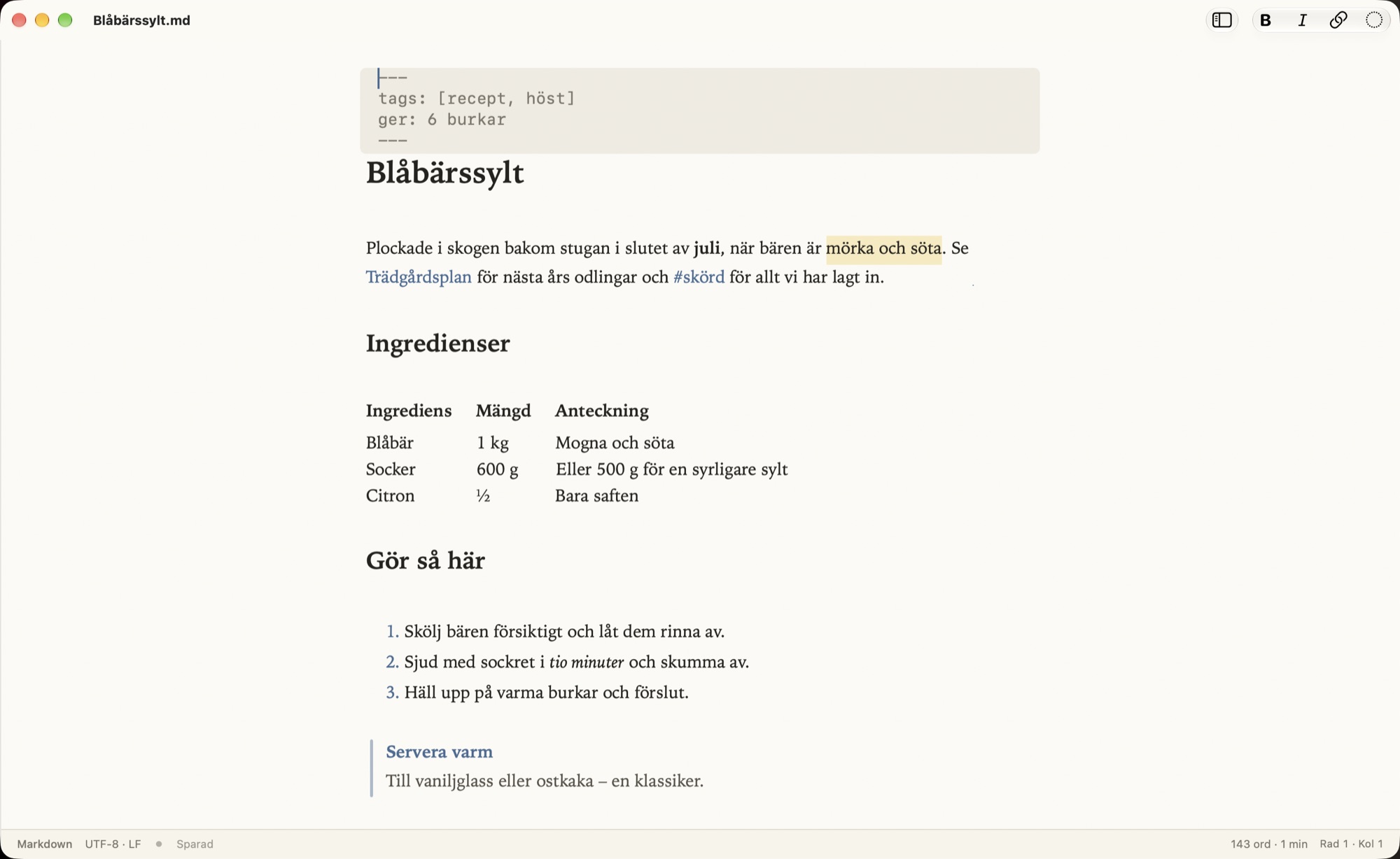En Markdown-anteckning i Skriva med en tabell och en callout